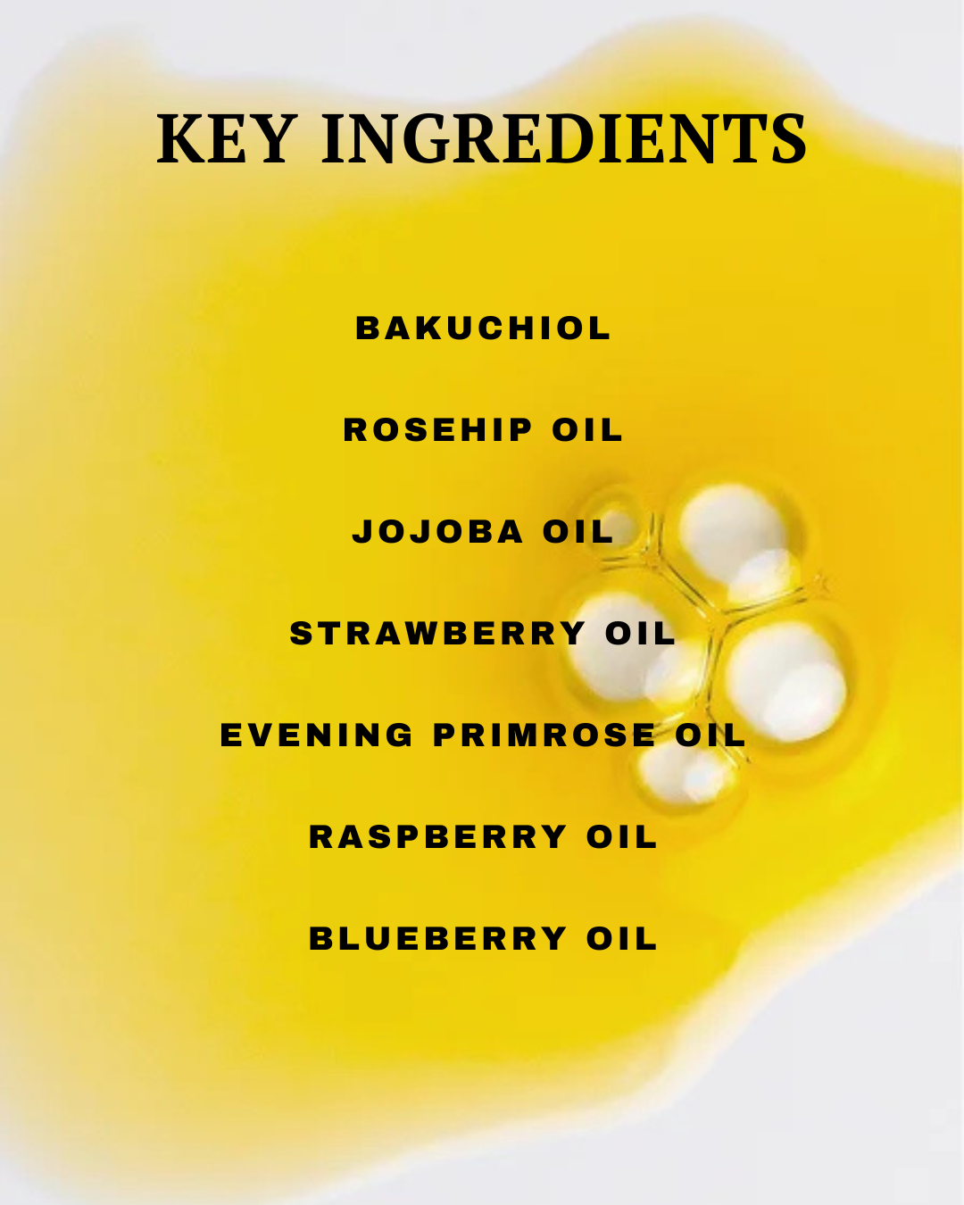 List of key ingredients on a yellow background with molecular structure illustration